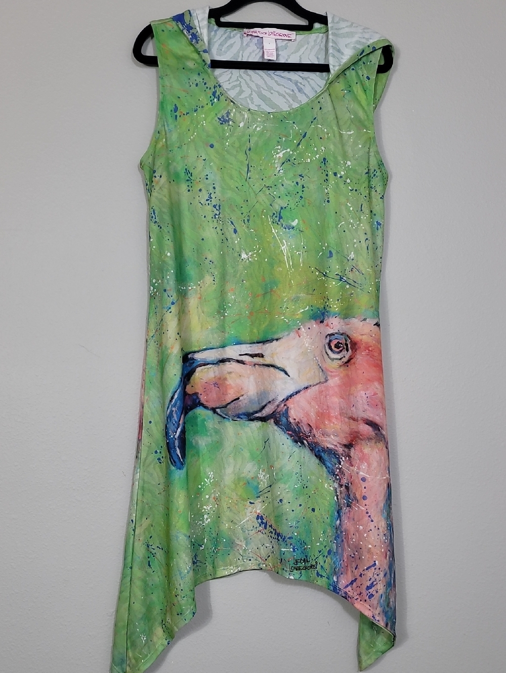 Leoma Lovegrove Hooded Tank Dress Size S Flamingo Sharkbite Hem Wearable Art